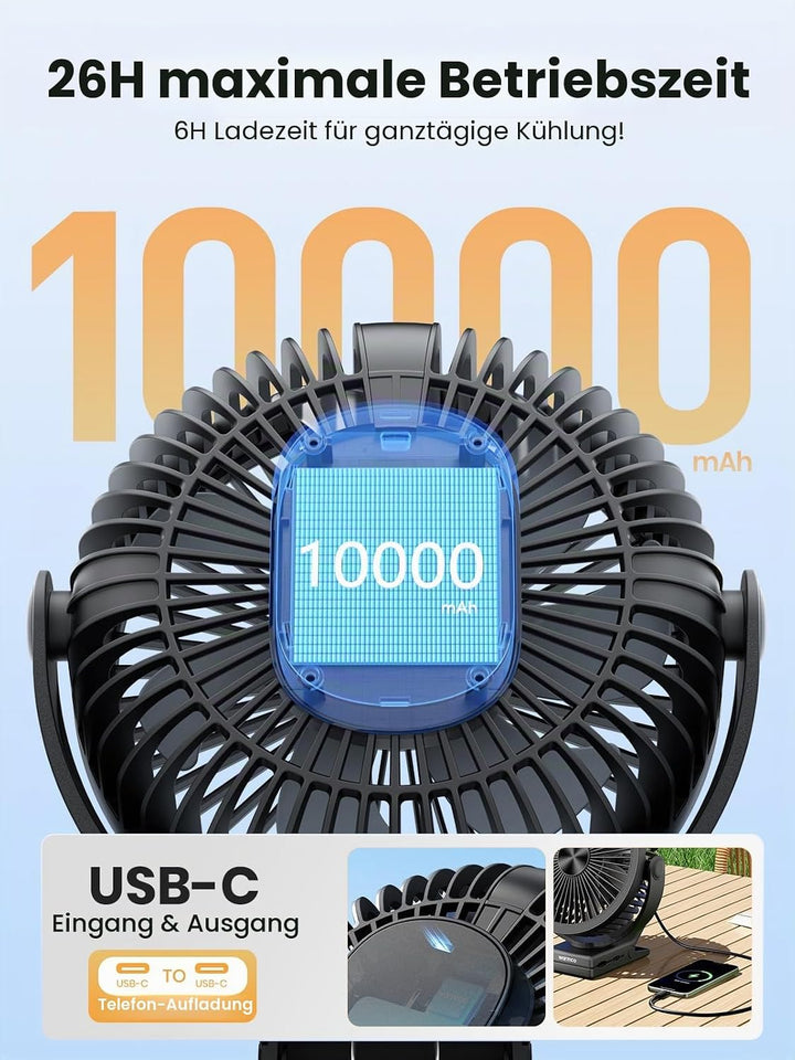 Warmco Tragbarer Tischventilator mit 10000 mAh, 720° Drehung & 3-in-1-Montage – 4 Geschwindigkeitsst