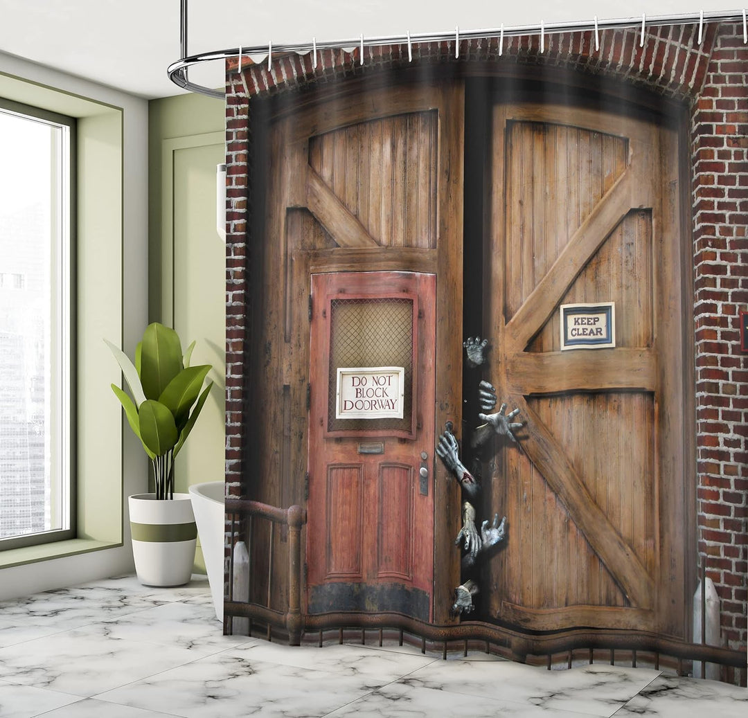 ABAKUHAUS Zombie Duschvorhang, Monster-Holz-Tür, Bakterie Schimmel Resistent inkl. 12 Haken Waschbar