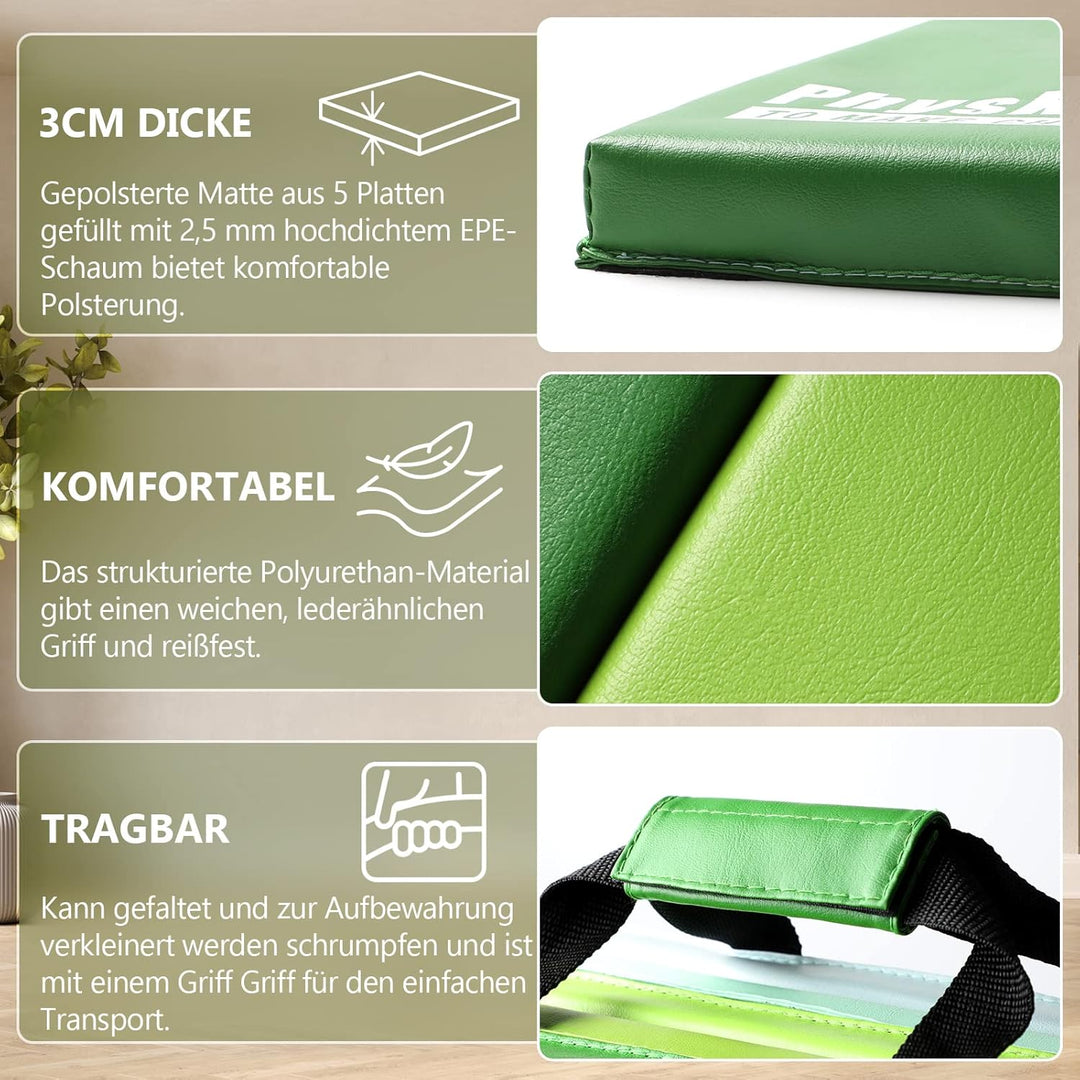 PhysKcal 195 x 75 x 3 cm Klappbare Weichbodenmatte Turnmatte Fitnessmatte Gymnastikmatte mit Tragegr