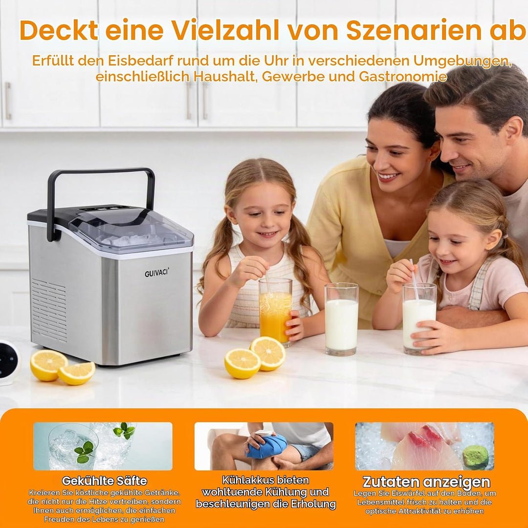 Eiswürfelmaschine mit Selbstreinigung – 9 Würfel in 6 Min, 12 kg/24h, 2 Grössen, tragbar mit Griff,