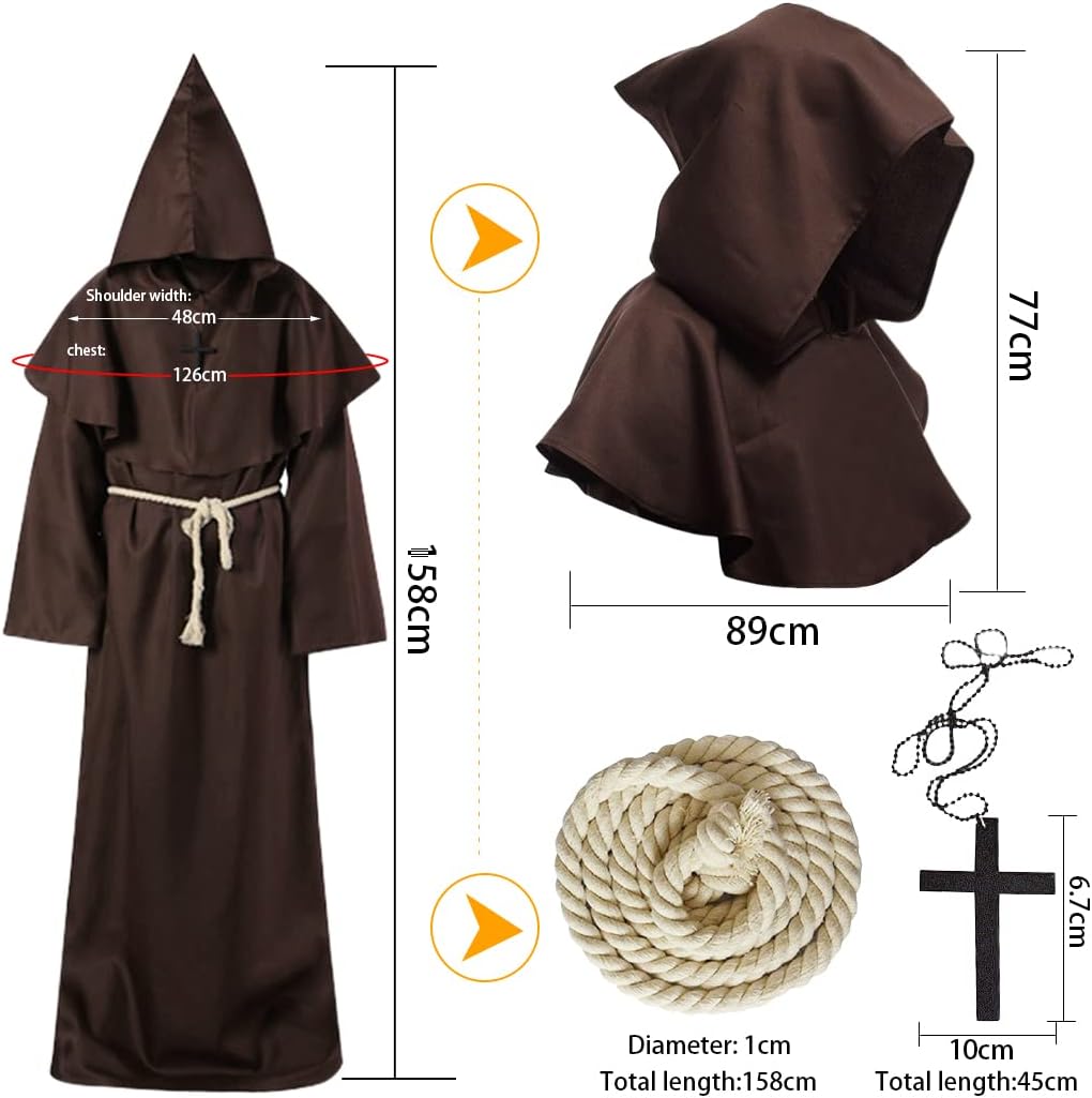 Wishstar Mönch Robe, L Mittelalterliche Renaissance Robe, Kostüm Mönch mit Kapuze und Kordel, Braun
