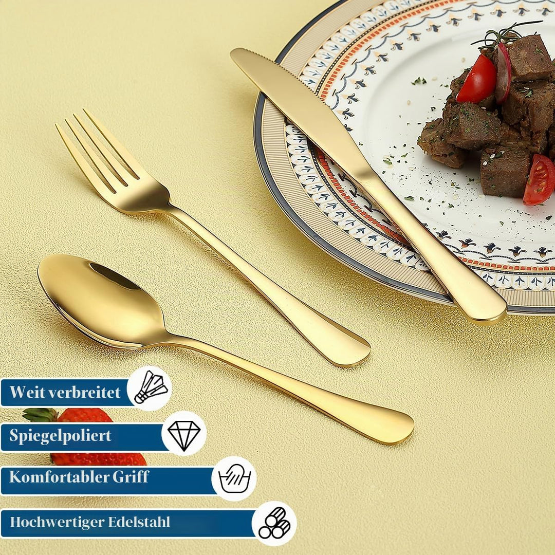 Gold Besteck Set 60 Teile Service für 20, Edelstahl Messer Löffel Gabeln Set für Hochzeit, Partys, A
