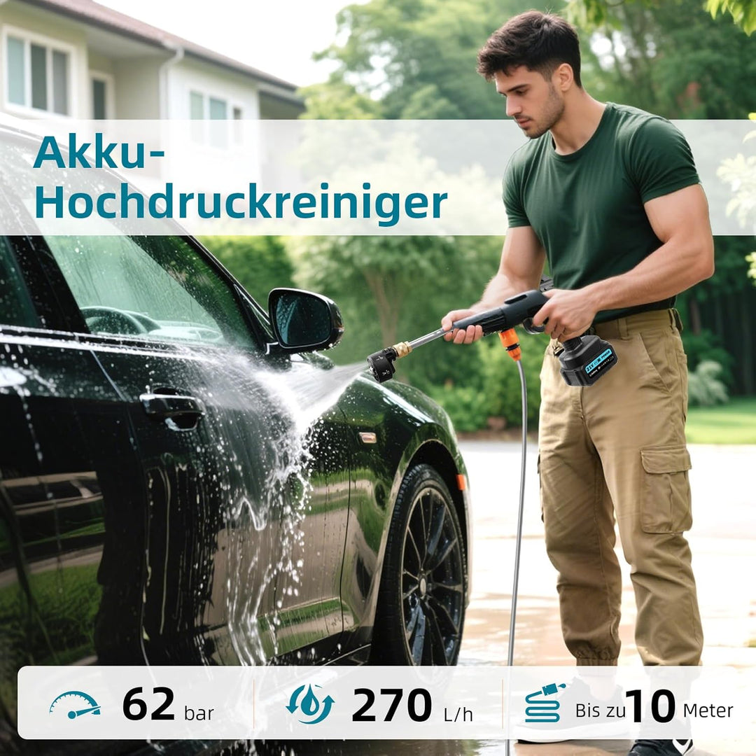 Akku Hochdruckreiniger,62 Bar Mobiler Hochdruckreiniger,Druckreiniger mit 2×3.0Ah Akkus,6-In-1 Multi