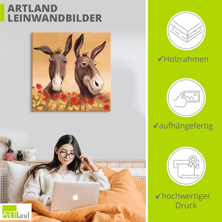 ARTland Leinwandbilder Wandbild Bild auf Leinwand 40 x 40 cm Tiere Haustiere Esel Malerei Creme A1SD