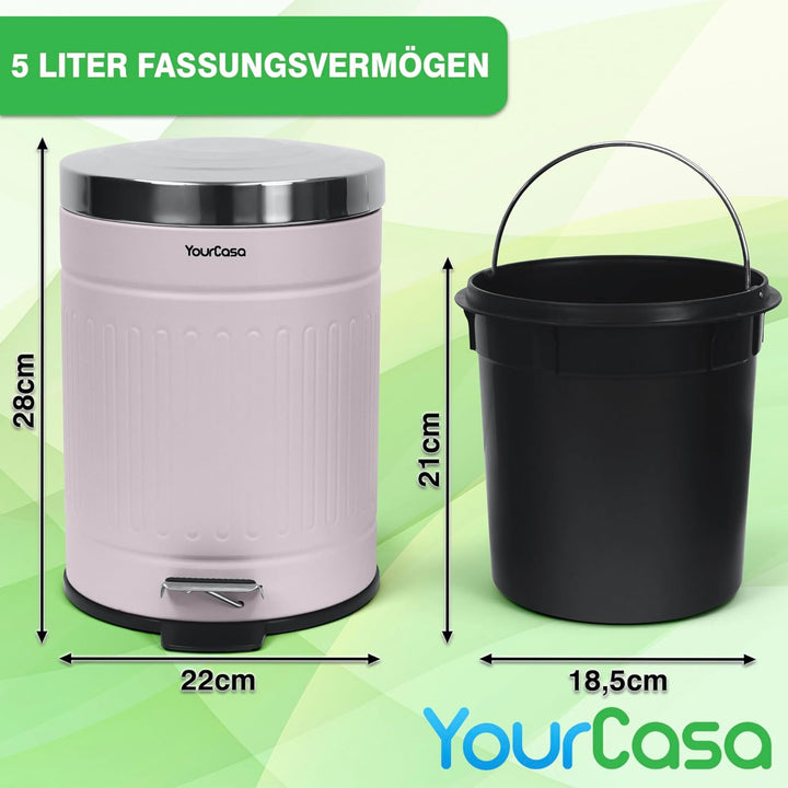 YourCasa® Mülleimer Bad 5L [Retro Style Zart-Rosa] Kosmetikeimer mit Softclose-Deckel & Inneneimer -