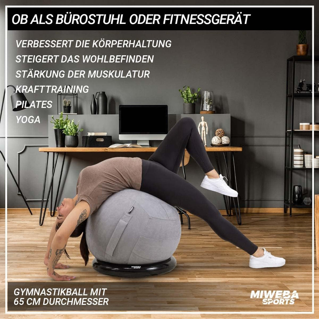 Miweba Sports Gymnastikball | 65 cm ∅ - Traglast 500 kg - Pilates Ball - Pezziball - 4in1 Set inkl B