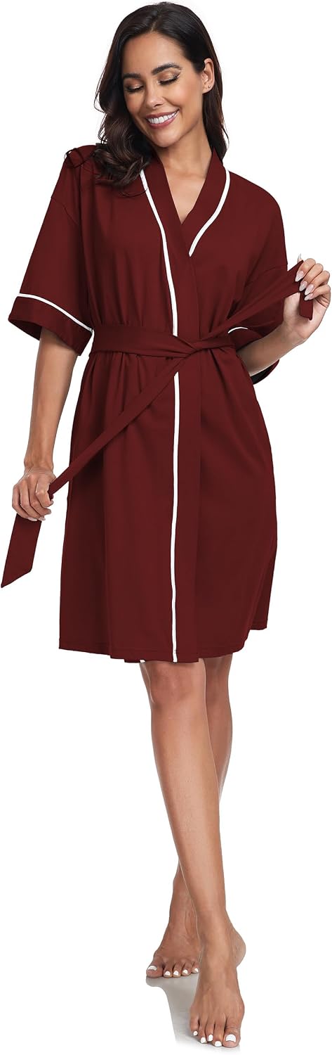COLORFULLEAF 100% Baumwolle Bademantel Damen Kurz Morgenmantel Leicht Knielang Kimono Saunamantel Na