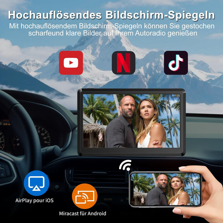 Wireless CarPlay Display, Tragbare Autoradio mit Android Auto,Touchscreen Bildschirm, MirrorLink, Sp