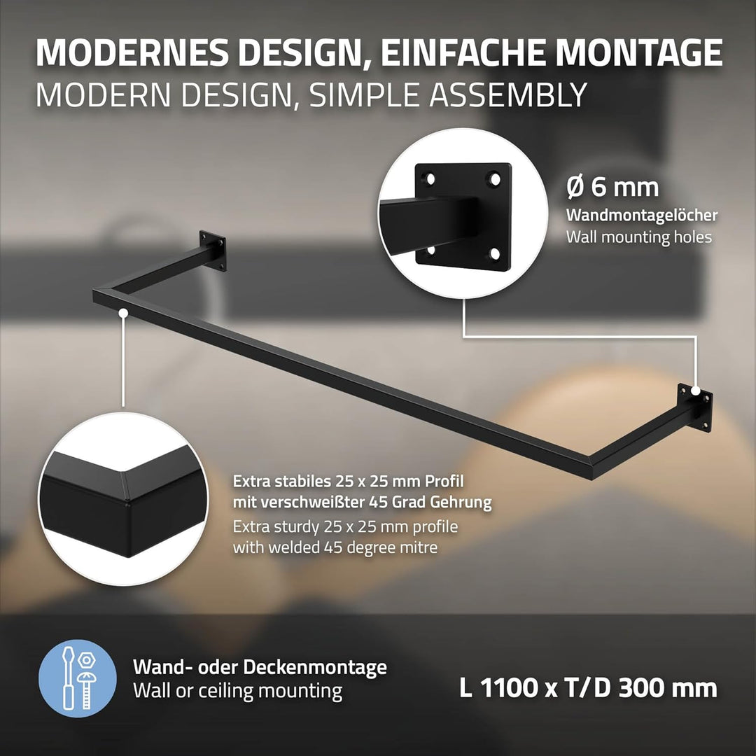 ML-Design Kleiderstange Rechteck für die Wand, T30cm x B110cm, Schwarz, aus Stahl, rostfrei, Gardero