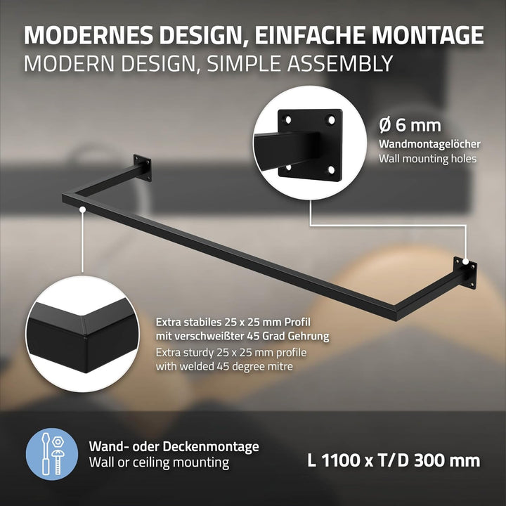 ML-Design Kleiderstange Rechteck für die Wand, T30cm x B110cm, Schwarz, aus Stahl, rostfrei, Gardero