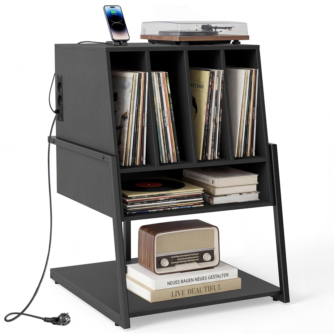 COSTWAY Plattenspielerständer, Vinyl Schallplattentisch mit integrierter Ladestation, breite Tischpl