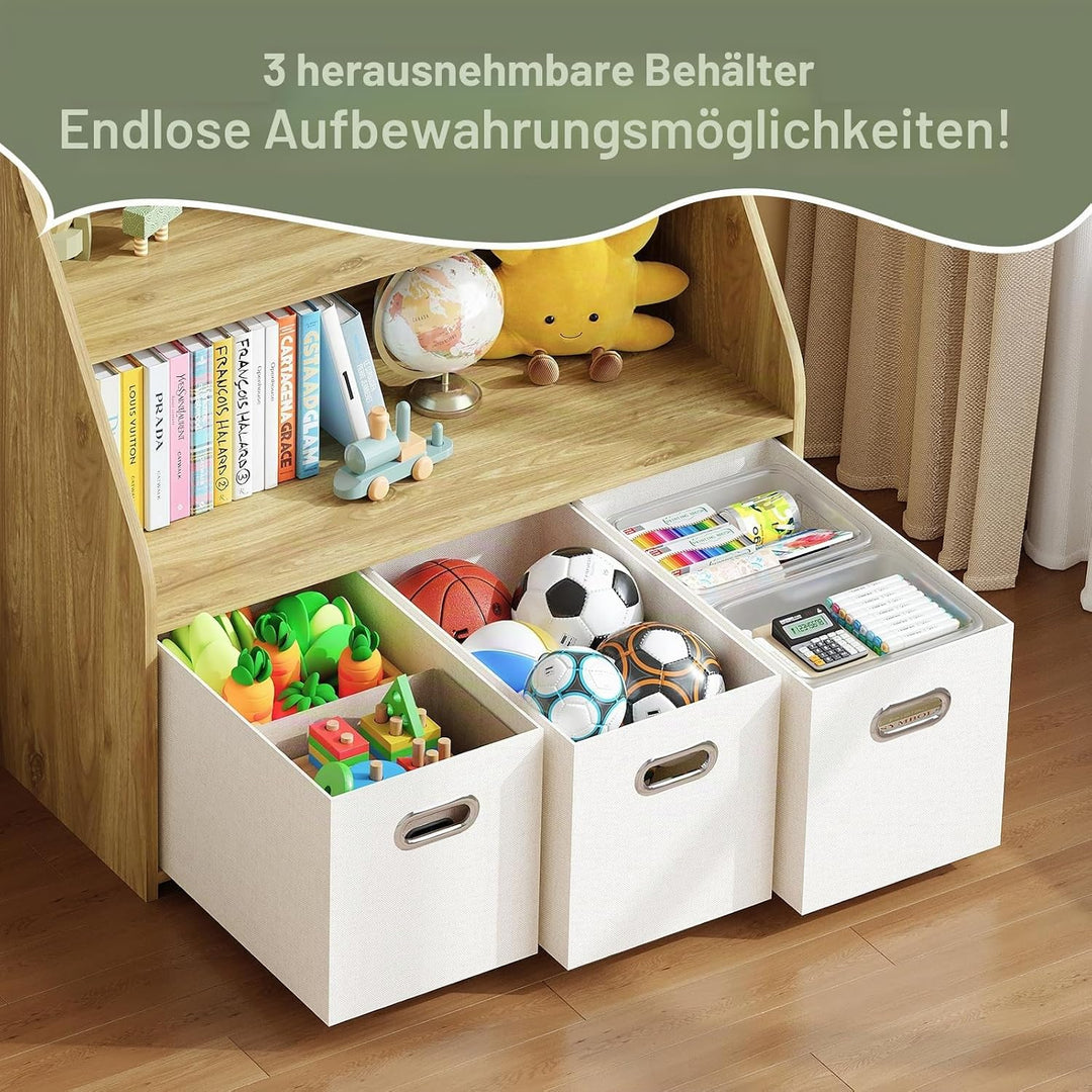 Kinder Bücherregal mit 3 herausnehmbaren Schubladen – Vielseitiges Holz-Regal mit offenen Fächern fü