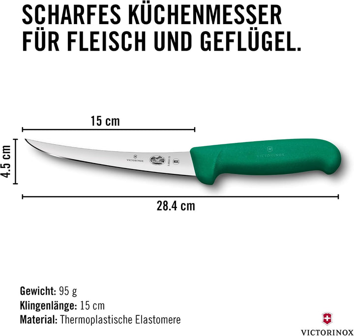 Victorinox Fibrox Ausbeinmesser, Scharfes Küchenmesser für Fleisch und Fisch, 15 cm, Gebogene Klinge