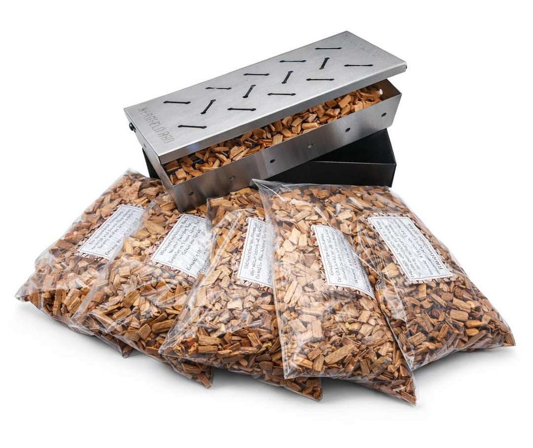 Bergfeld BBQ – Räucherbox-Set inkl. 5 Sorten Räucherchips (Apfel, Kirsch, Hickory, Buche, Eiche; je
