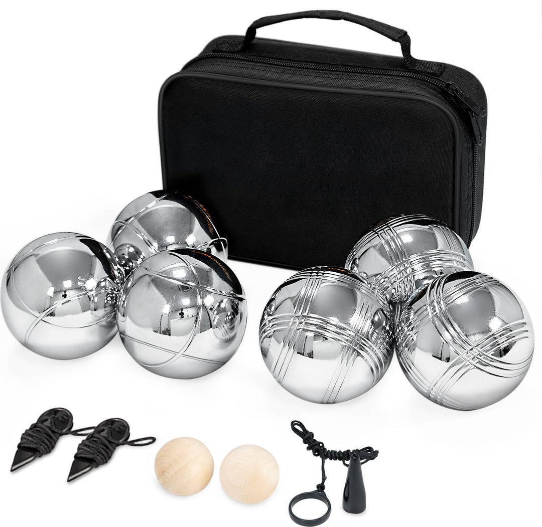 Boule Set, 6 Boccia Kugeln Metallkugeln Ø73mm, Boccia Spiel mit Tragetasche, 2 Zielkugeln, 2 Entfern
