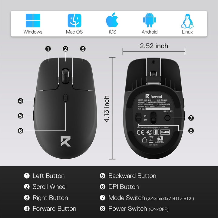 Redragon BM4162 Wireless Maus, Dual-Mode 2.4GHz/BT Maus, Leichtes Floating-Button-Design, Geräuschlo