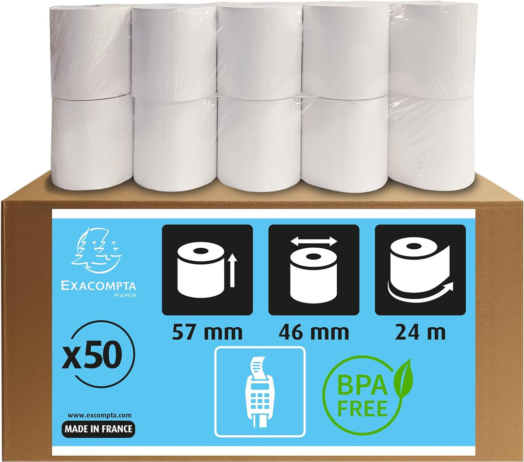 Exacompta 40905E 50er Pack Thermopapierrollen 1-lagig, Breite: 57mm, Länge 24m, Durchmesser Kern: 12