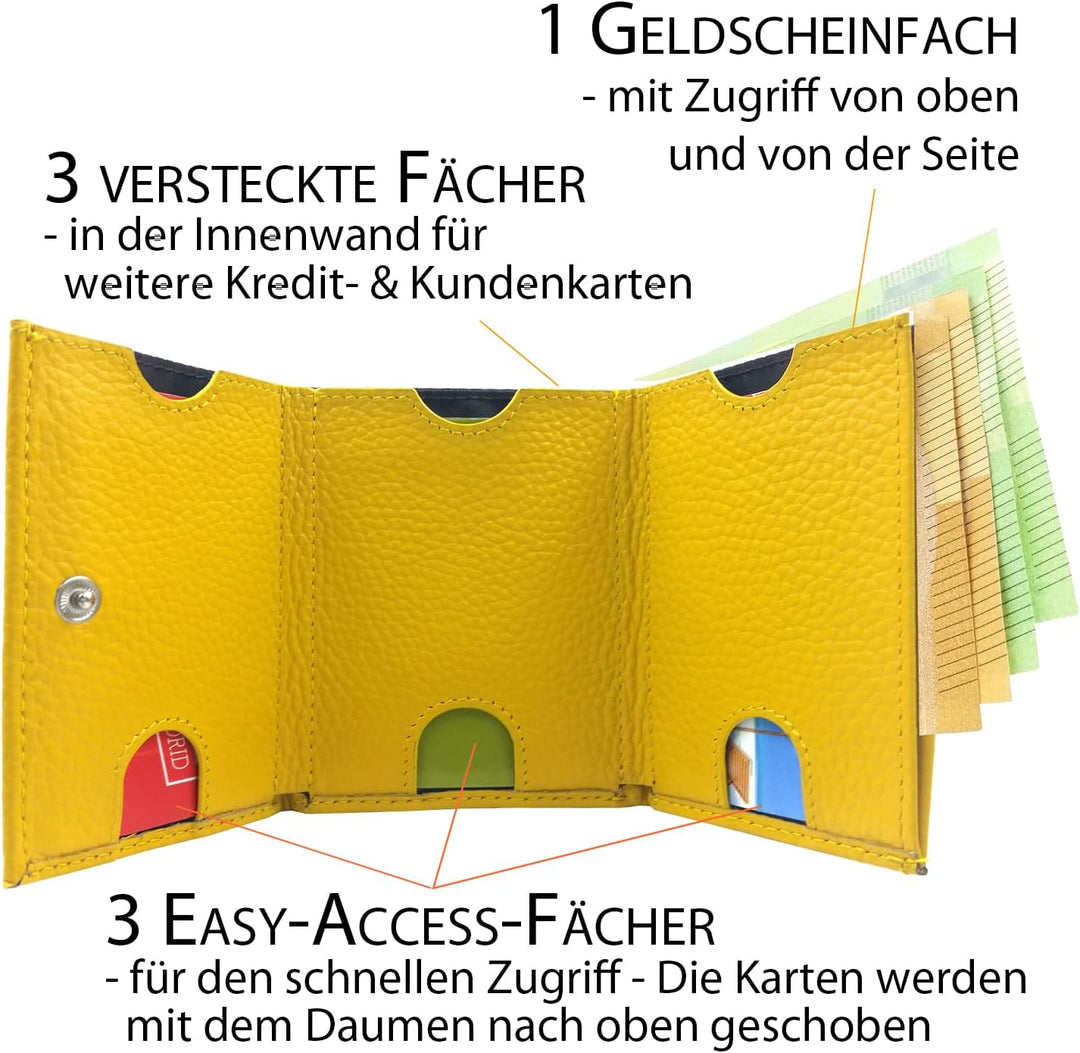 Mini Geldbörse Damen, Reise Portemonnaie klein viele Fächer, Leder gelb, RFID Blocker, Münzfach gros