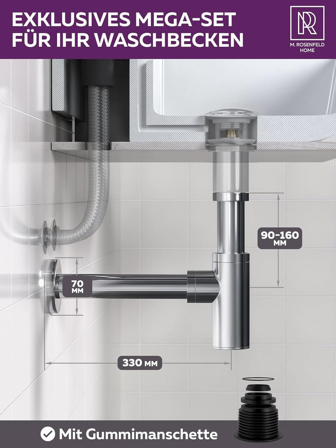 Siphon Waschbecken Edelstahl 60-140mm Höhe, Abflussrohr 330mm Länge, 1 1/4" für Bad & Waschtisch mit