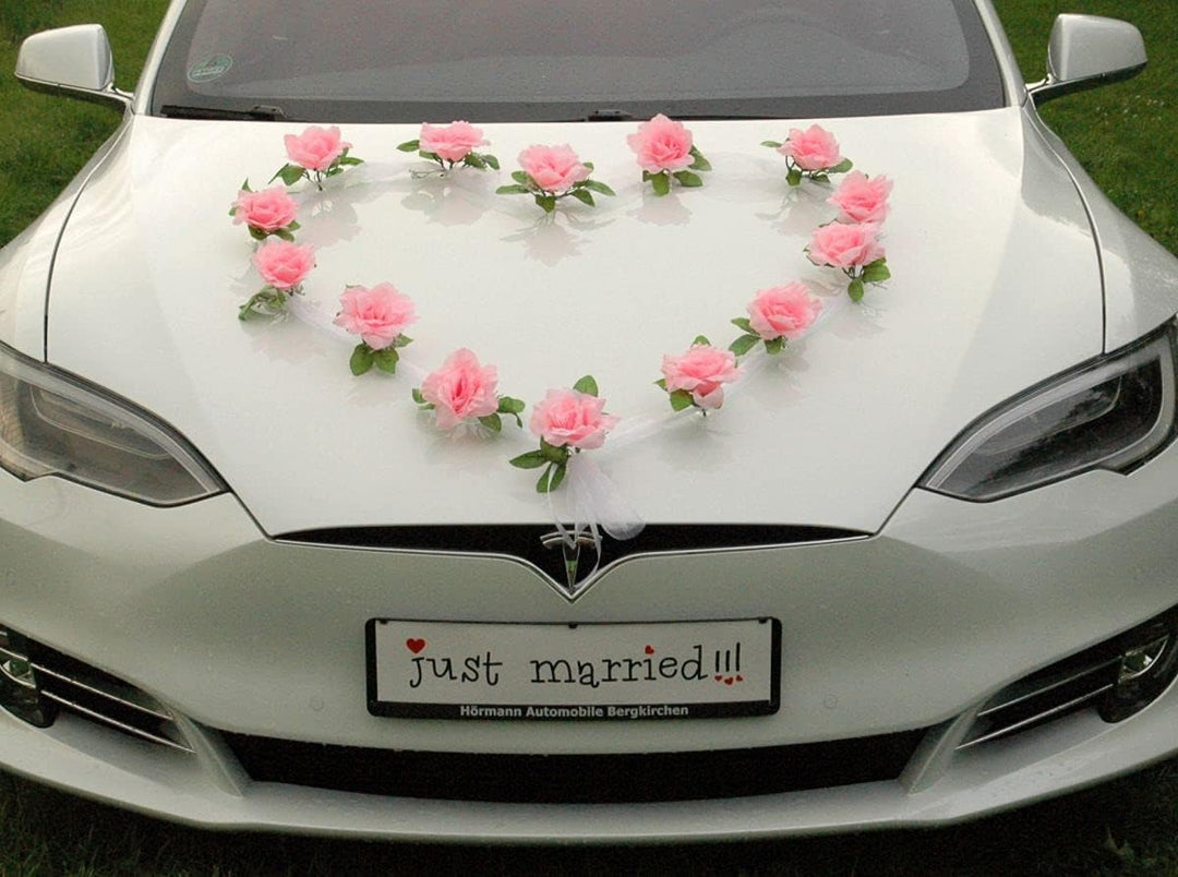 Organza Herz Auto Schmuck Braut Paar Rose Deko Dekoration Autoschmuck Hochzeit Car Auto Wedding Deko