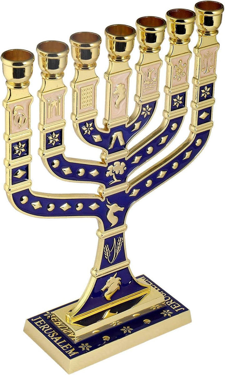 BRTAGG Menora, jüdischer Kerzenständer, 12 Stämme Israel, 7 Armen, Höhe 27 cm