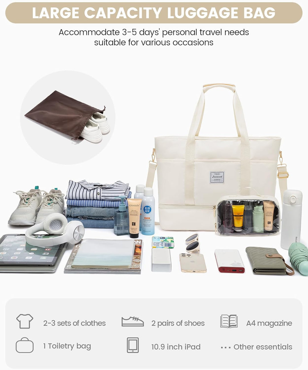 LOVEVOOK Reisetasche Damen, Wasserdicht Weekender Travel Bag mit Schuhfach, Duffle Bag Kliniktasche