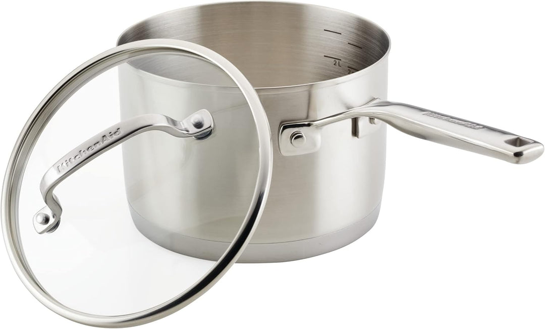 KitchenAid Stielkasserolle mit Deckel, 3-lagig, gebürsteter Edelstahl, 3 l Stielkasserolle (3 Quart)