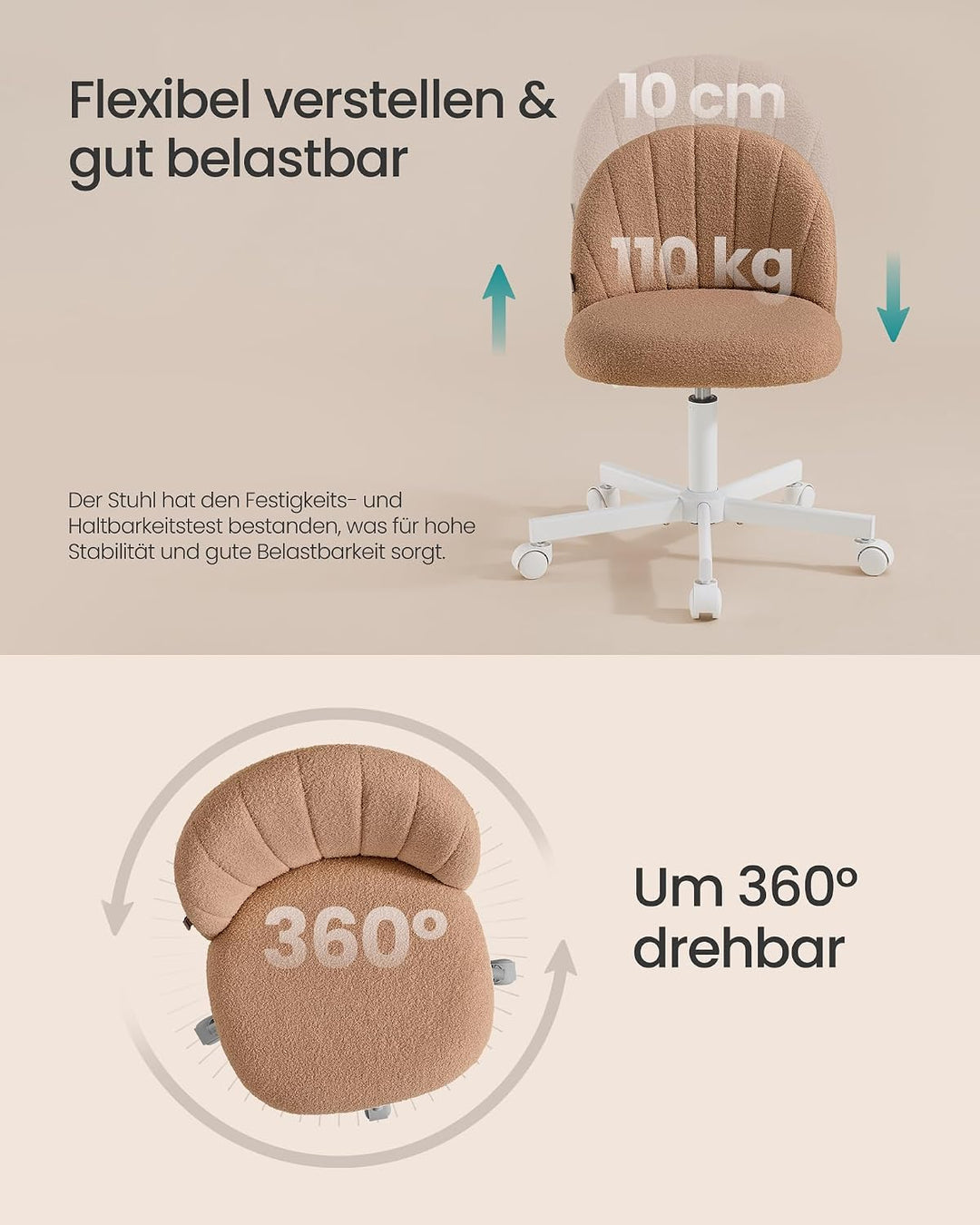 SONGMICS Homeoffice-Stuhl, Schminkstuhl aus Teddyfleece, Schreibtischstuhl, Schaumstoffpolsterung, h