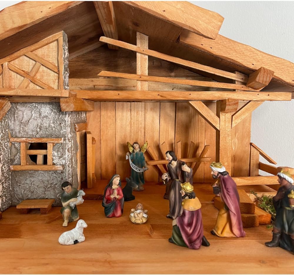 Handgefertigte Weihnachtskrippe aus Holz mit handbemalten 11 Figuren I Tisch Krippe I Weihnachten I