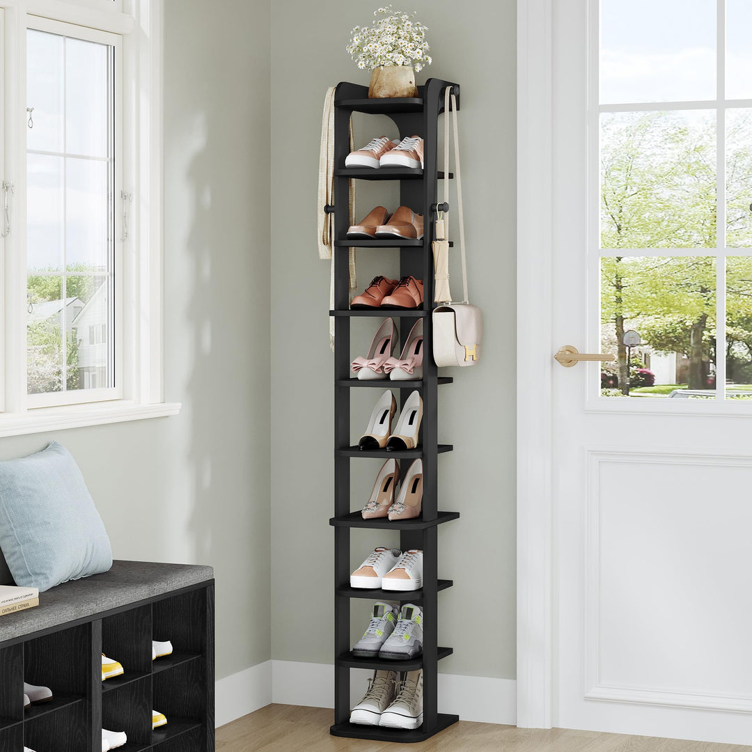 Hzuaneri Schuhregal, Schuhablage mit 10 Ebenen, Holz-Schuh-Organizer mit Haken, Verstellbar, Platzsp