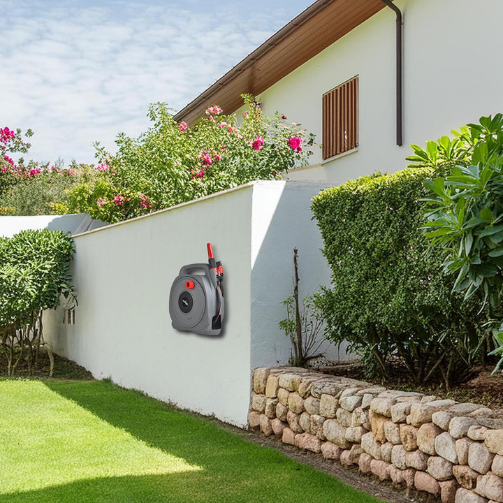 LEHMANN Schlauchtrommel mit 10 m Schlauch, Wandmontage, Gartenschlauch mit tragbarem Aufroller, inkl