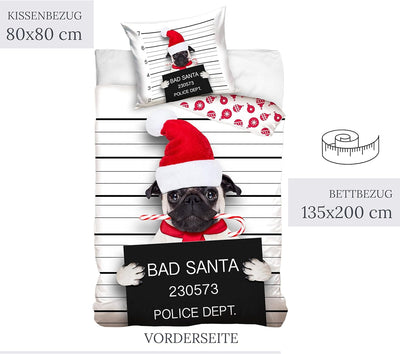 MTOnlinehandel Bettwäsche-Set 135x200 · witzige Weihnachts-Bettwäsche · Bad Santa Mops Winter-Motiv