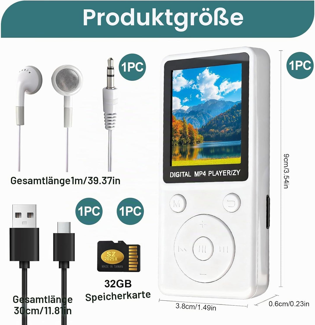 MP3 Player mit Bluetooth 5.2, 32GB Speicherkarte, 1,8 Zoll TFT Farbbildschirm, tragbarer Musikplayer
