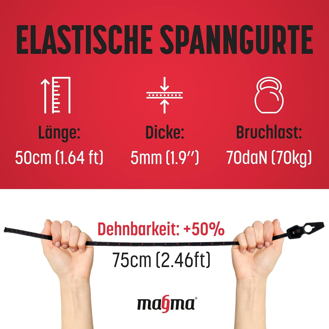 MAGMA Packung mit 12 elastischen Spannern 50 cm, Transportroken für V20 Magma, Fahrradträger, Ösen,