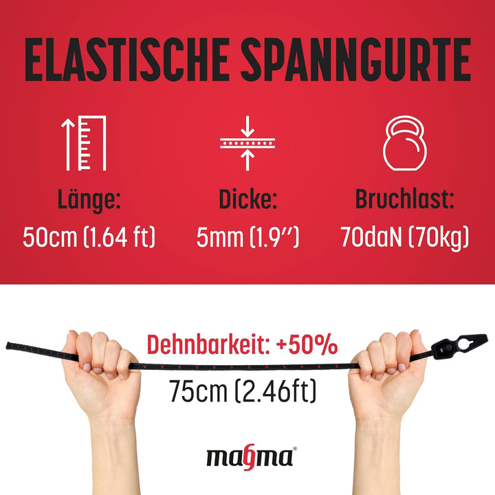 MAGMA Packung mit 12 elastischen Spannern 50 cm, Transportroken für V20 Magma, Fahrradträger, Ösen,