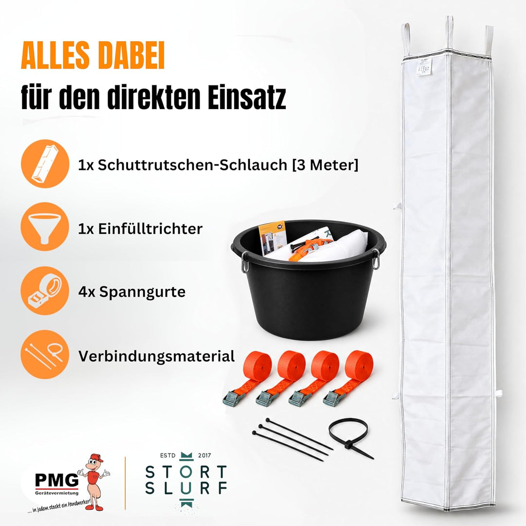 STORTSLURF Schuttrutsche 3m | Bauschuttrutsche inkl. Einfülltrichter und 4X Spanngurt optimales Set