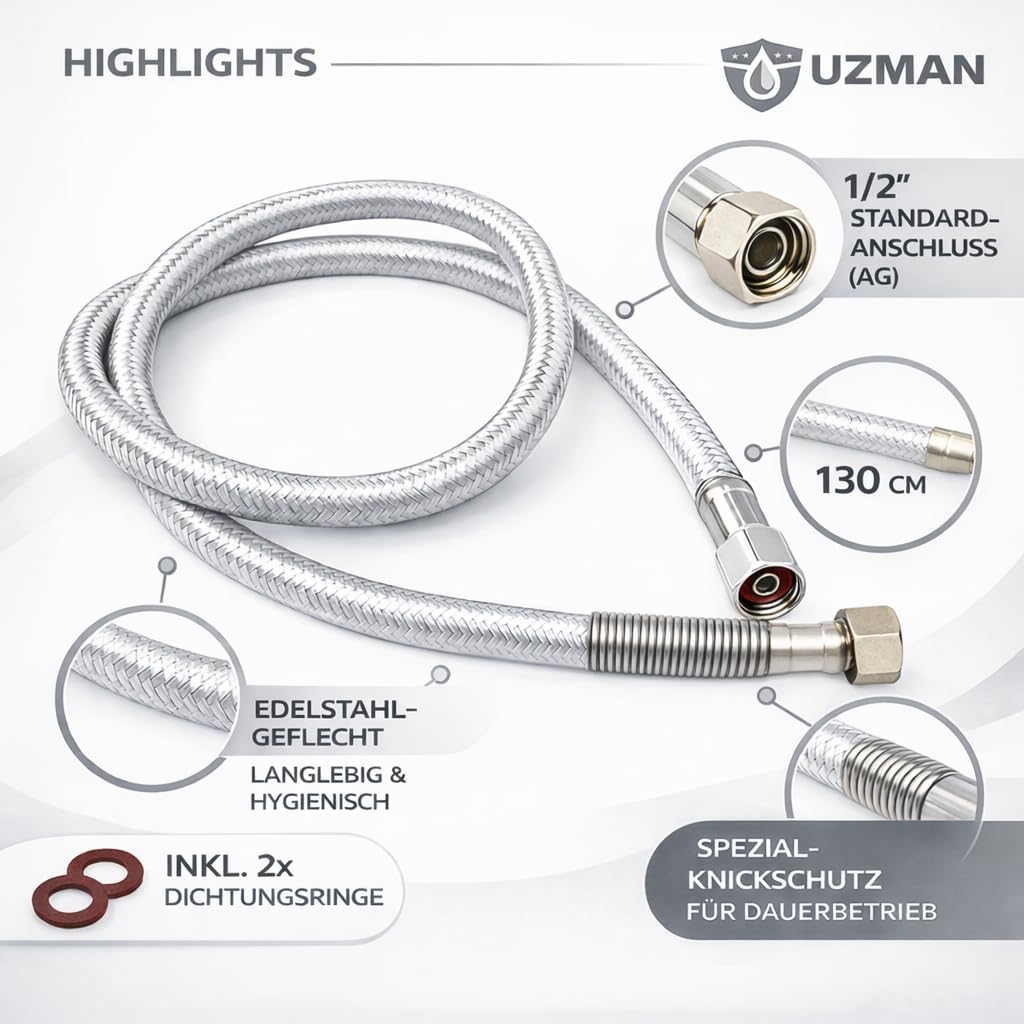 UZMAN Gastro Brauseschlauch 130cm mit Spezial-Knickschutz - 1/2" Standard Anschlüsse inkl. Dichtunge