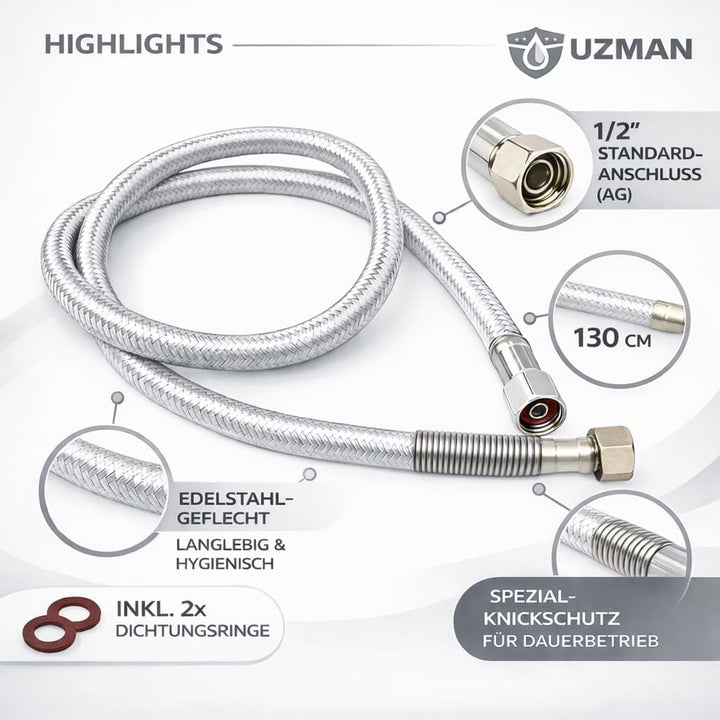 UZMAN Gastro Brauseschlauch 130cm mit Spezial-Knickschutz - 1/2" Standard Anschlüsse inkl. Dichtunge