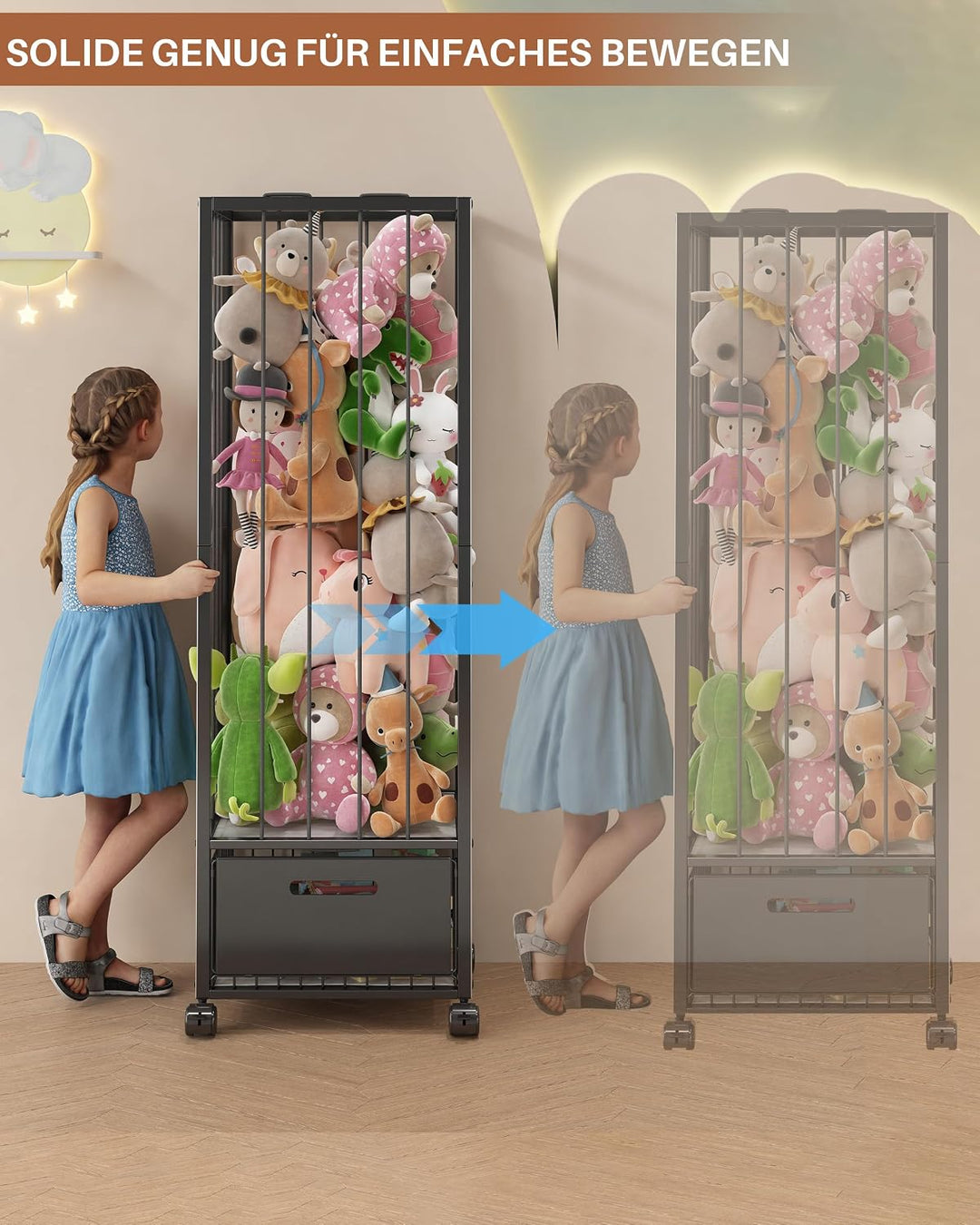 UMDONX Kuscheltier Aufbewahrung mit Schublade, 360° Bremsräder & platzsparend Design, Stofftier Orga