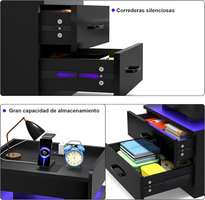 PIPIPOXER Nachttisch mit LED, Nachtschrank mit Steckdosen und USB Anschlüsse mit 3 Schubladen, Nacht