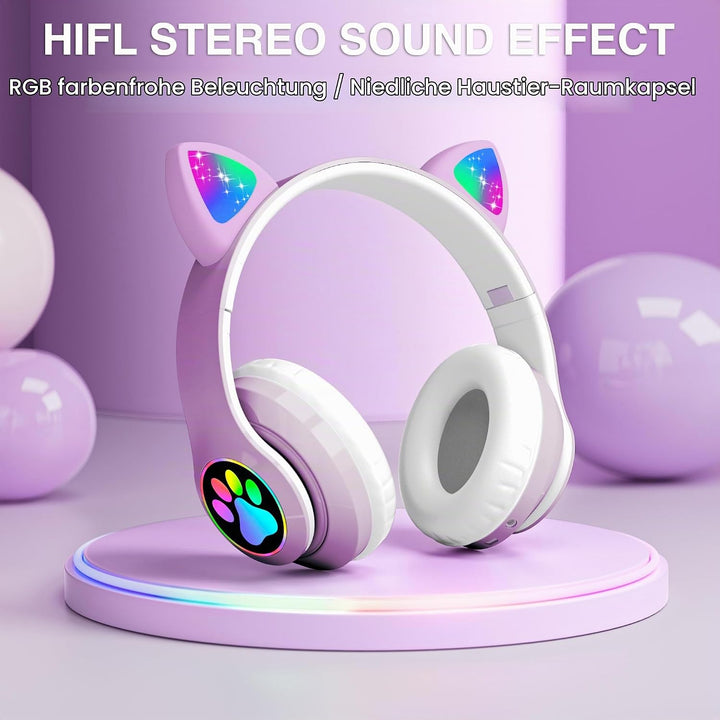 Bluetooth kopfhörer Kinder,Mädchen Katzenohr Kopfhörer Over-Ear mit LED-licht Faltbare Stereo Kopfhö