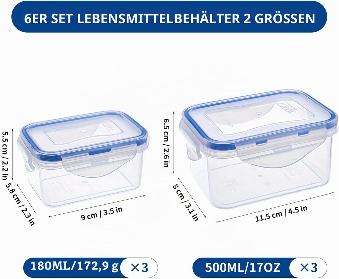 EASYLOCK 6 PACK 500ML/180ML Kunststoff Frischhaltedosen Set mit Deckel, Rechteckige Aufbewahrungsbox