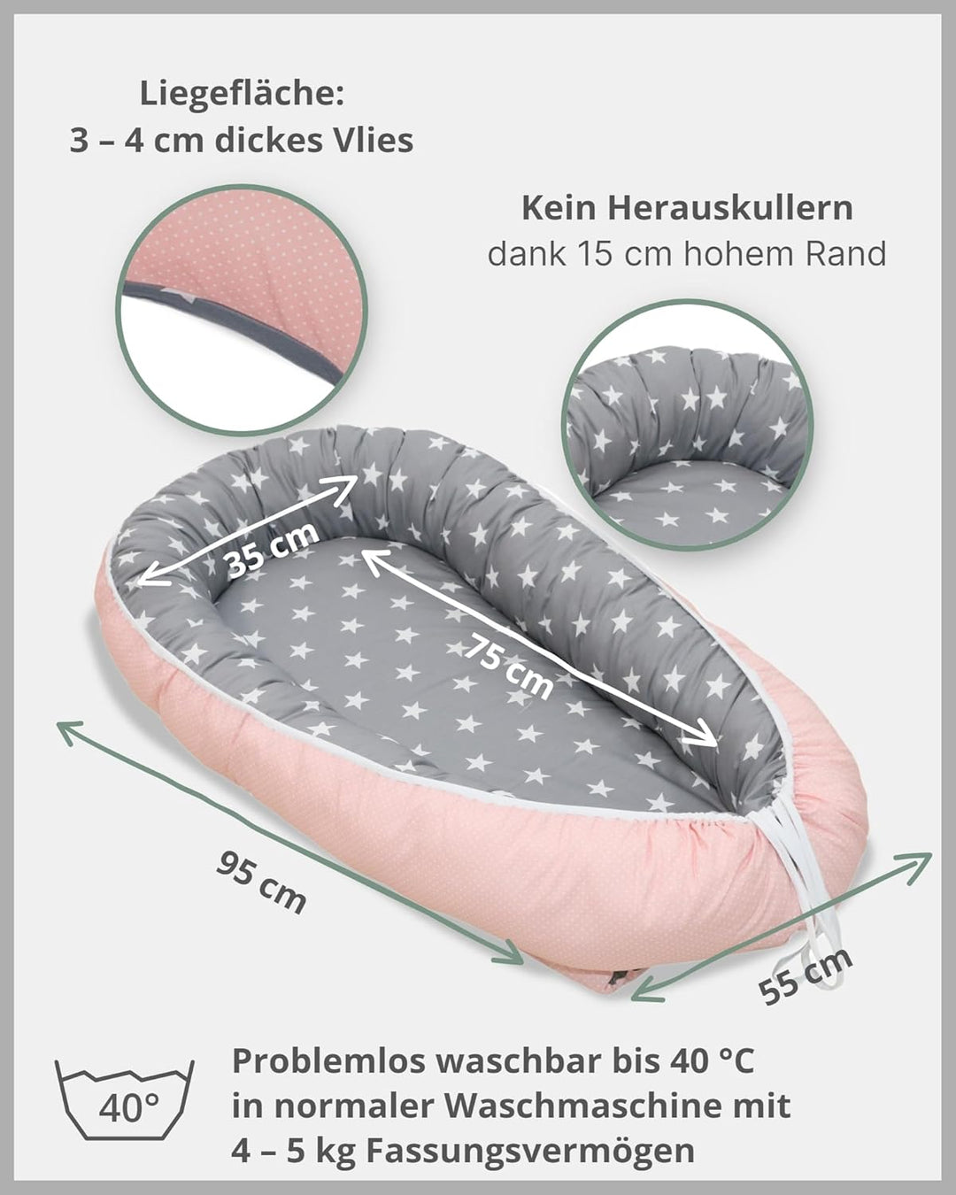 ULLENBOOM ® Babynest & Kuschelnest (55x95 cm) Rosa Grau (Made in EU) - Baby Nestchen aus Baumwolle,
