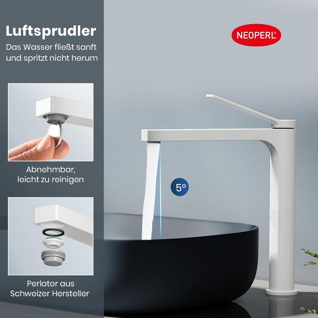 EMKE Wasserhahn Bad Weiss Matt, 335 x 233 x 46 mm, Messing, Keramikkartusche, Badarmatur, Mischbatte