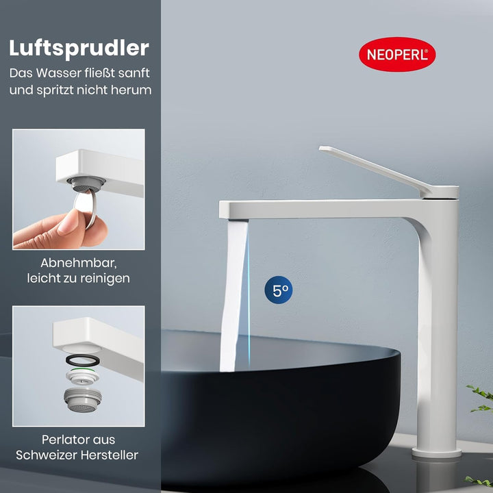 EMKE Wasserhahn Bad Weiss Matt, 335 x 233 x 46 mm, Messing, Keramikkartusche, Badarmatur, Mischbatte