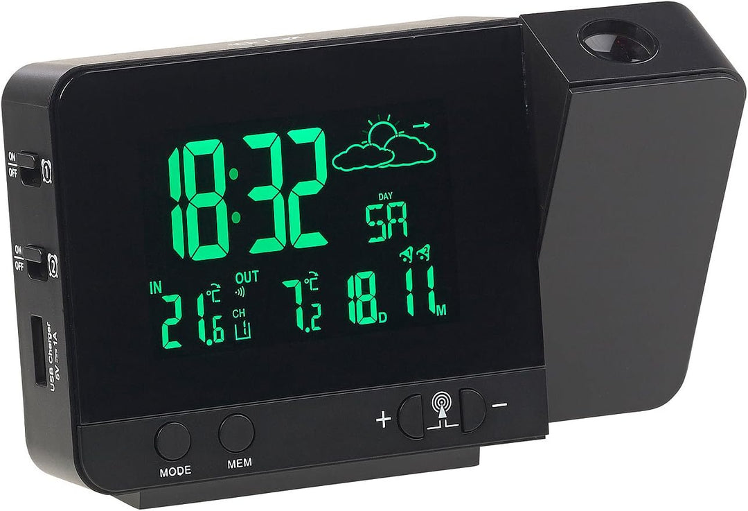 infactory Funk Projektionswecker: Funk-Wetterstation mit Projektions-Wecker, Aussensensor & USB, sch