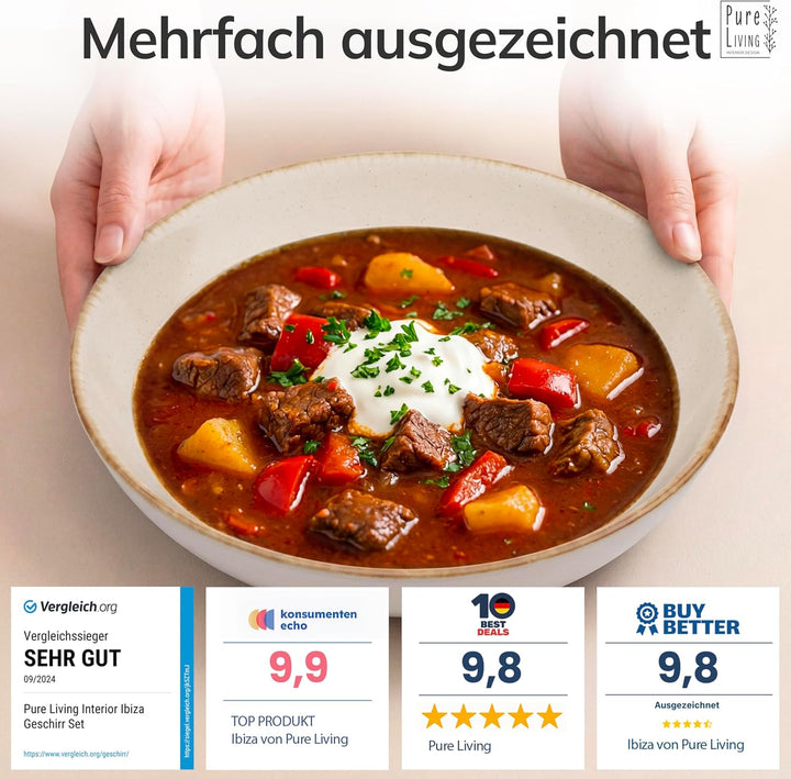 Steingut Suppenteller 6 Pers. Rustic Hochwertiges Landhausstil TEST SEHR GUT Tiefe Teller Set - Krat
