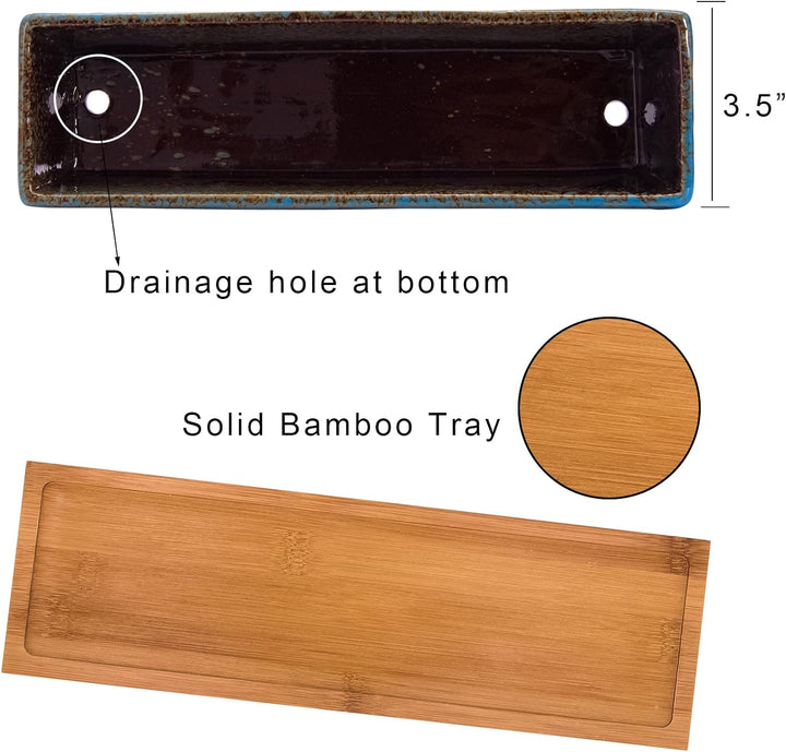 Sukkulenten-Blumentöpfe, 30 cm lang, rechteckig, Sukkulenten-Blumentöpfe mit Drainage, Bambusschalen
