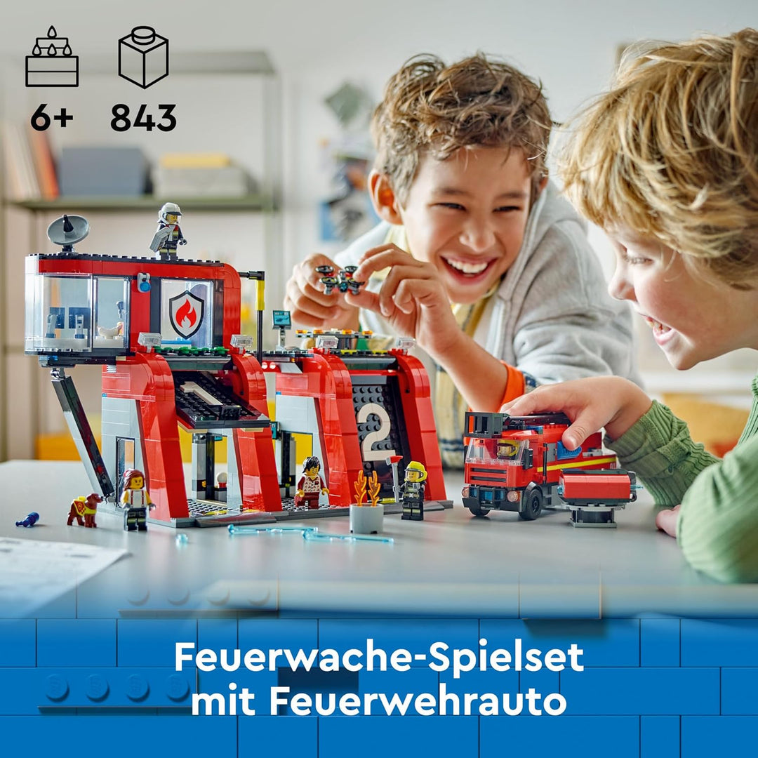 LEGO City Feuerwehrstation mit Drehleiterfahrzeug, Feuerwehr-Spielzeug mit Feuerwache und Feuerwehra