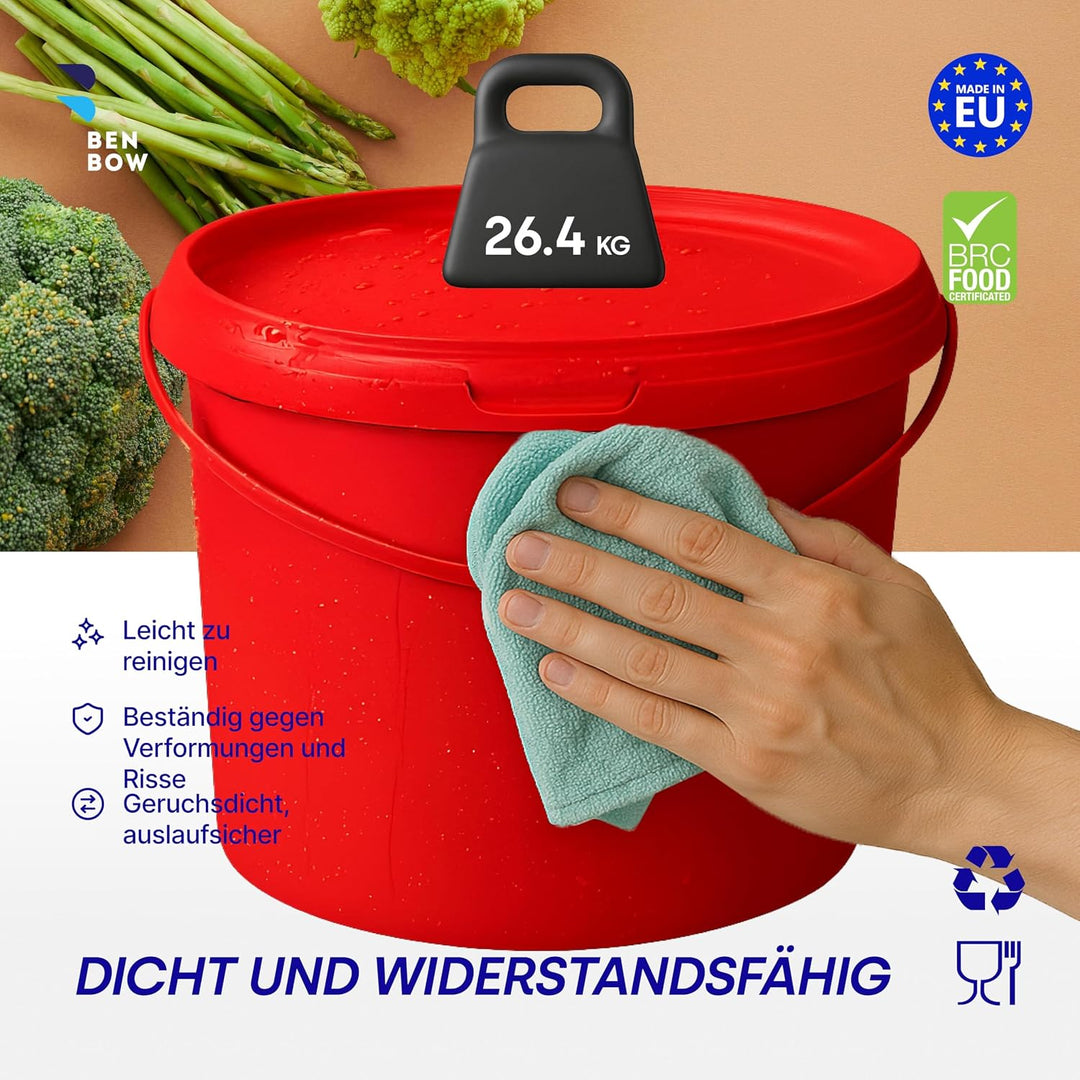 BenBow Eimer mit Deckel 10l Rot 3X 10 Liter - lebensmittelecht, stabil, luftdicht, auslaufsicher, ge